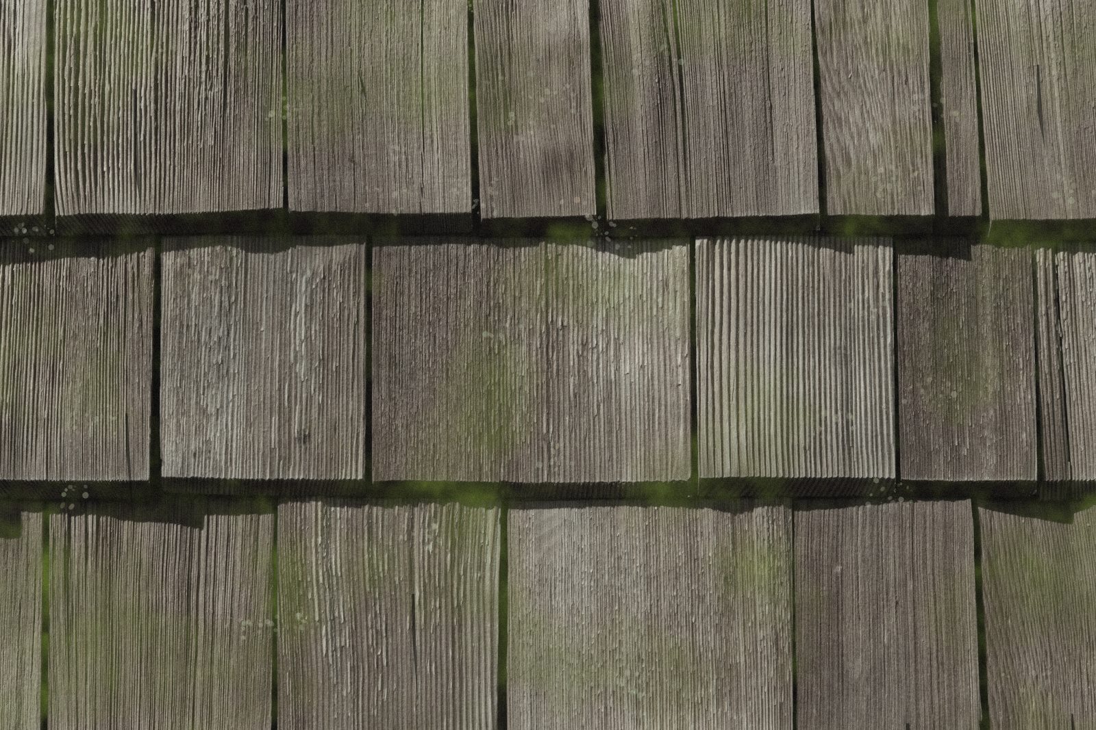 The same cedar roof before: silvered, cracked and covered in moss
